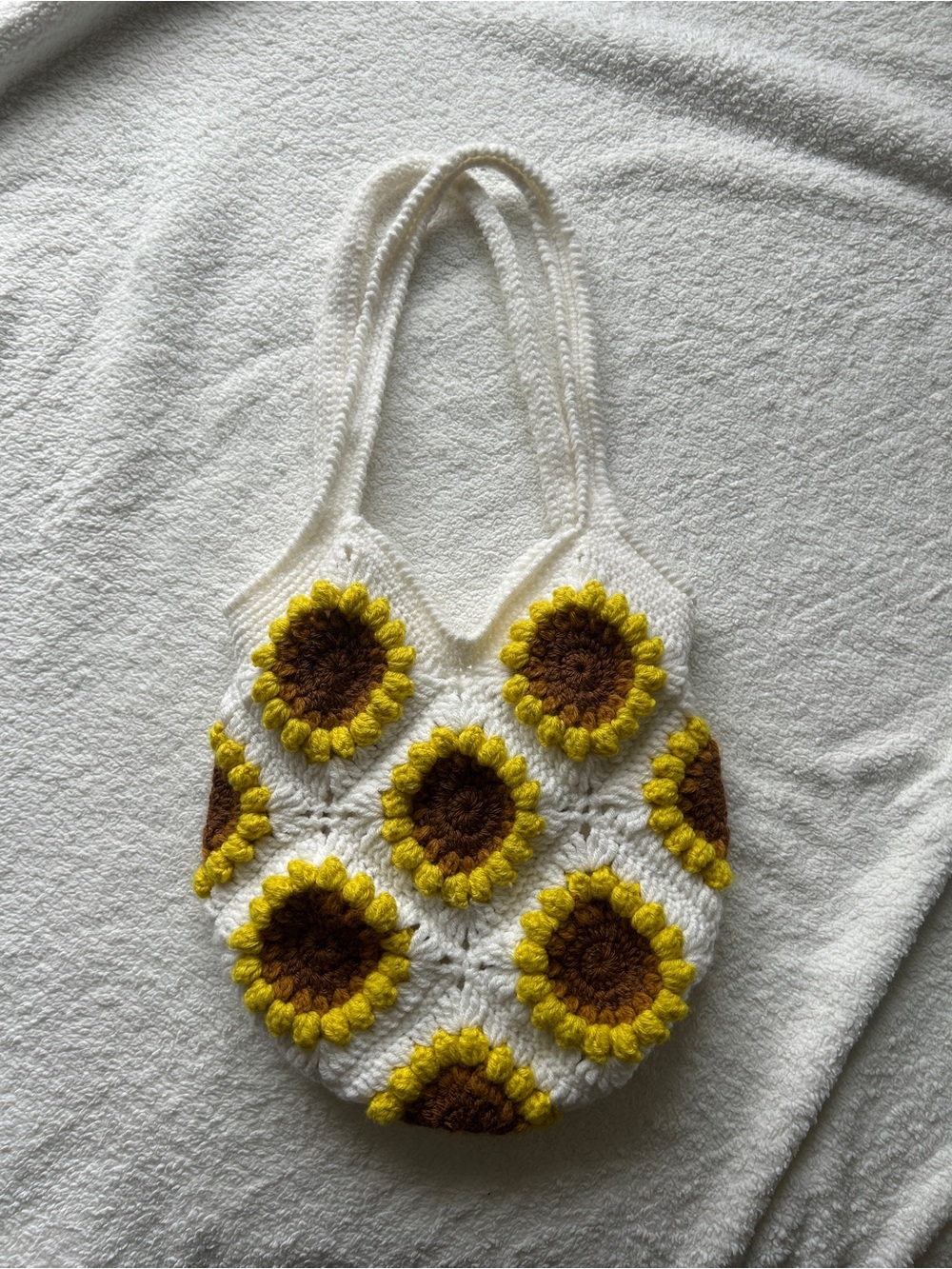 Handmade Crochet Sunflower Tote Bag - White and Yellow